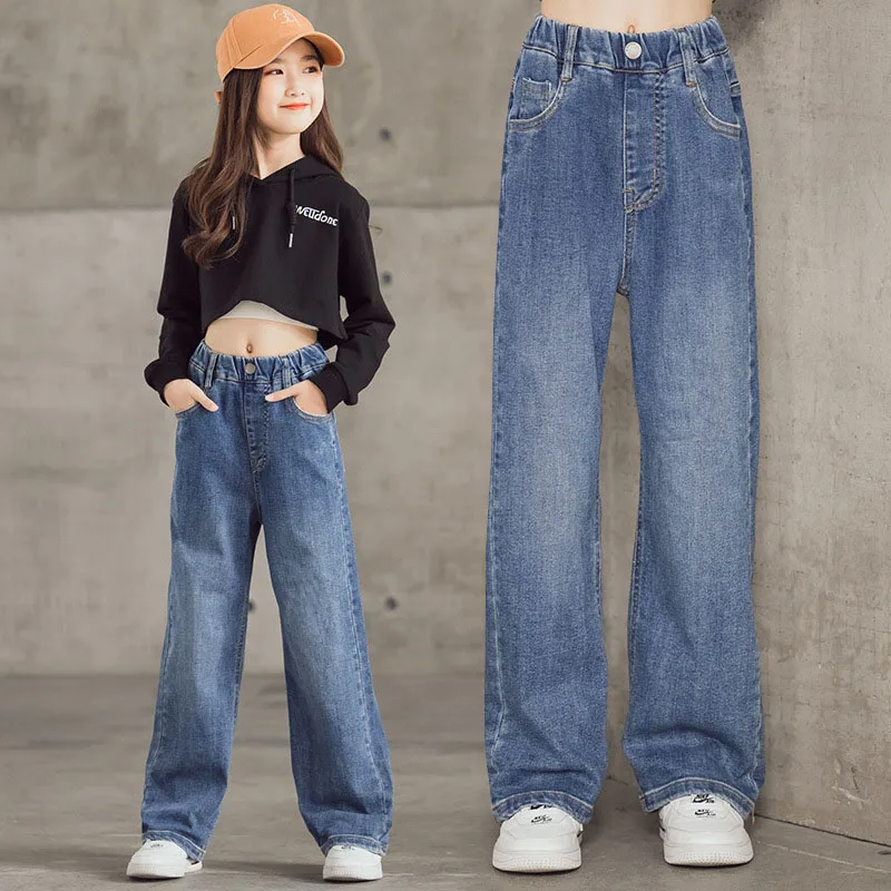 Vaqueros de pierna ancha para niña en azul claro, modernos - imagen 2