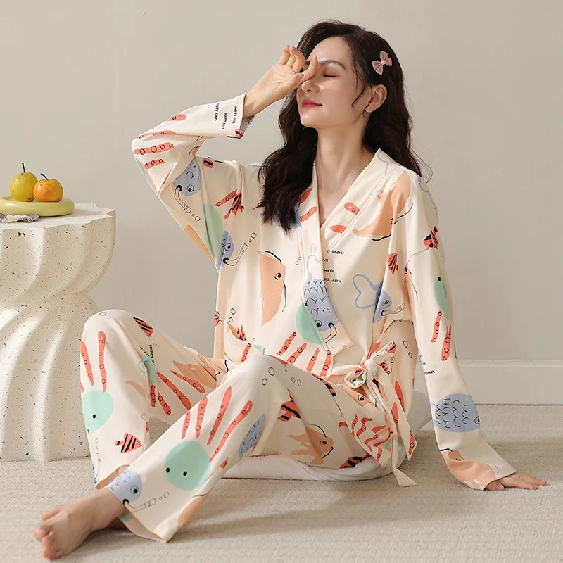 Pijama premamá de algodón con cárdigan de manga larga primavera y otoño