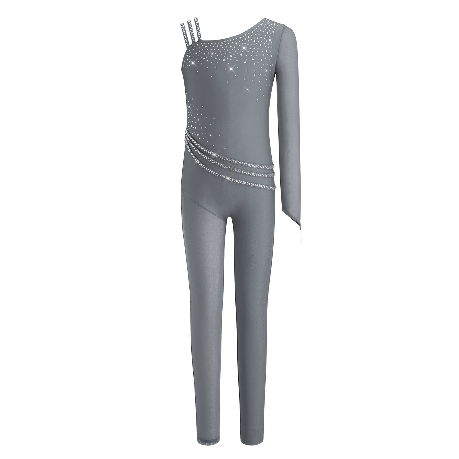 Maillot de ballet para niñas con pedrería y malla asimétrica