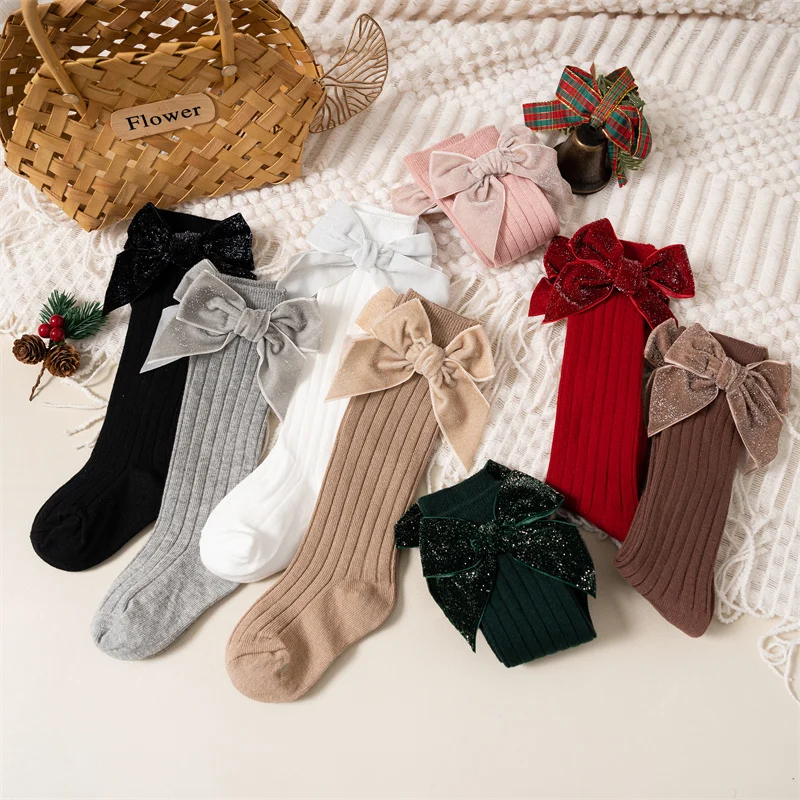 Calcetines Navidad niña – Algodón rojo suave con lazo grande