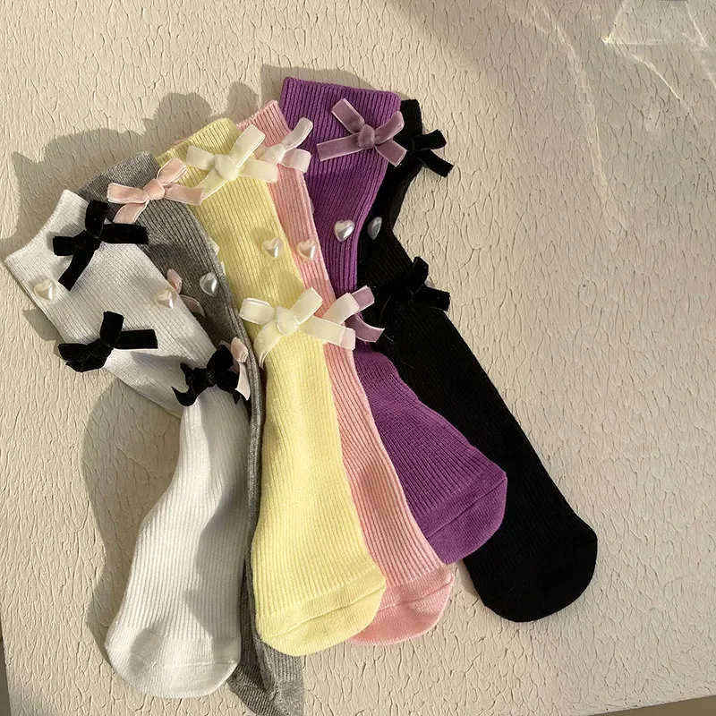 Calcetines altos de algodón suave con lazo corazón estilo vintage - imagen 5