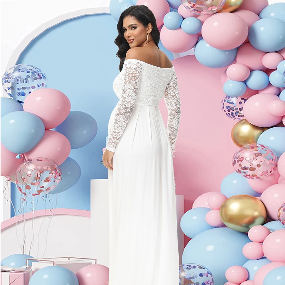 Vestido de encaje premamá con cuello en V manga larga para fotografía - imagen 4