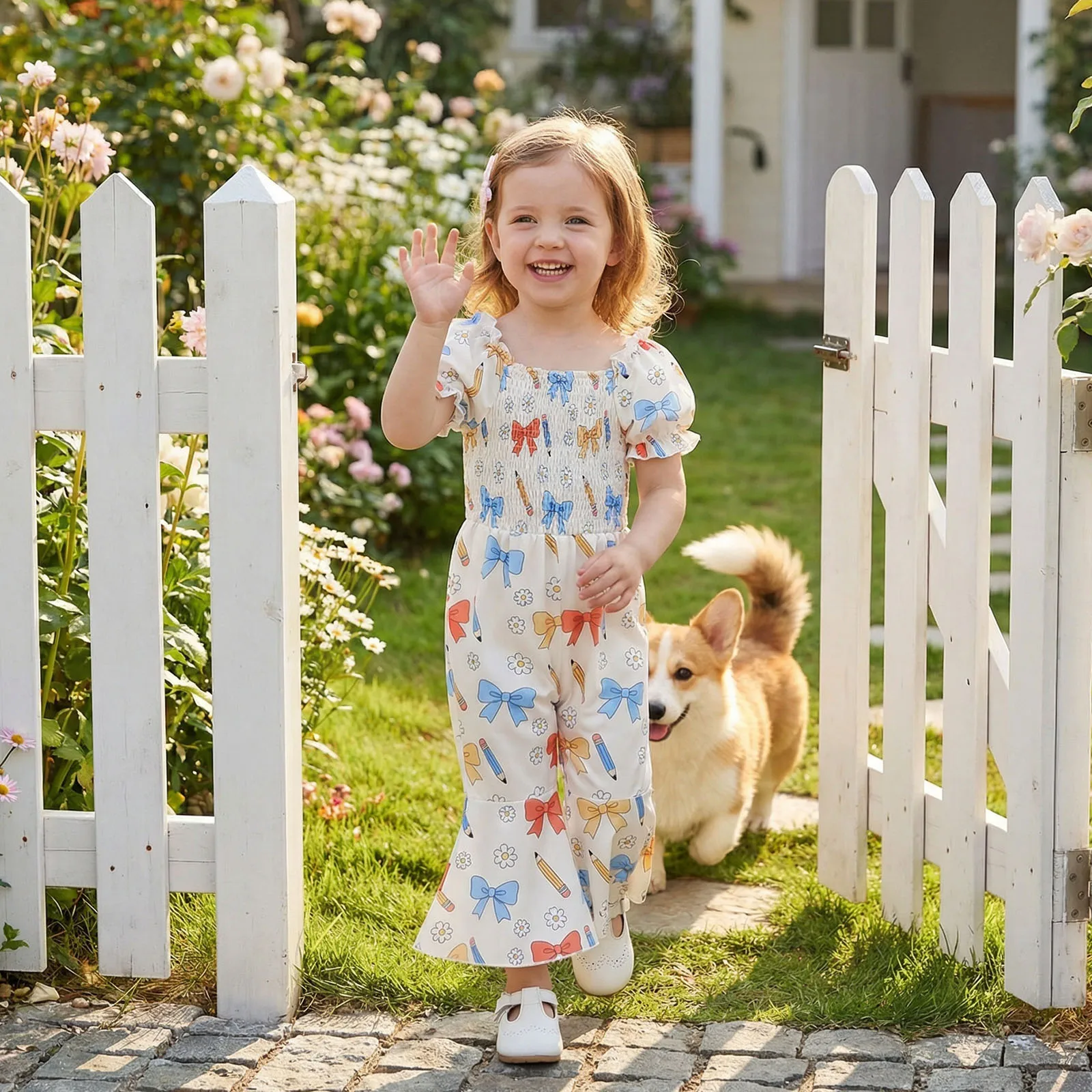 Mono de verano para niña con estampado floral y lazo abullonado - imagen 2