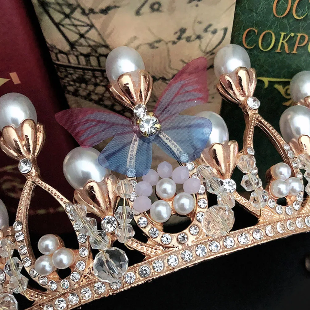 Corona de princesa artesanal con perlas y mariposa - Tiaras para niñas - imagen 3