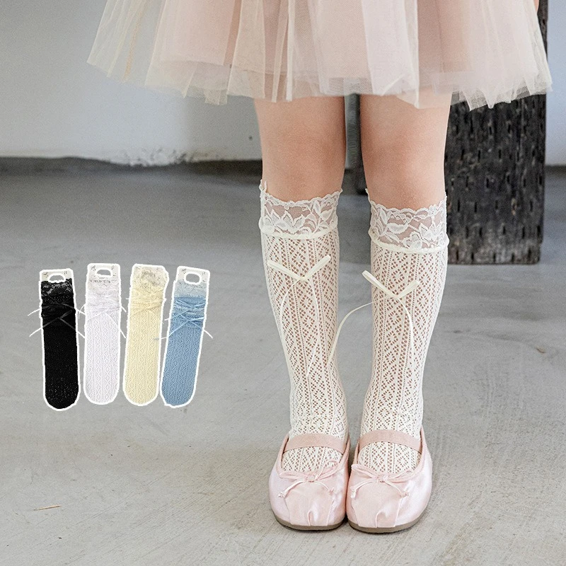 Calcetines altos jacquard retro con lazo de encaje transpirable - imagen 3