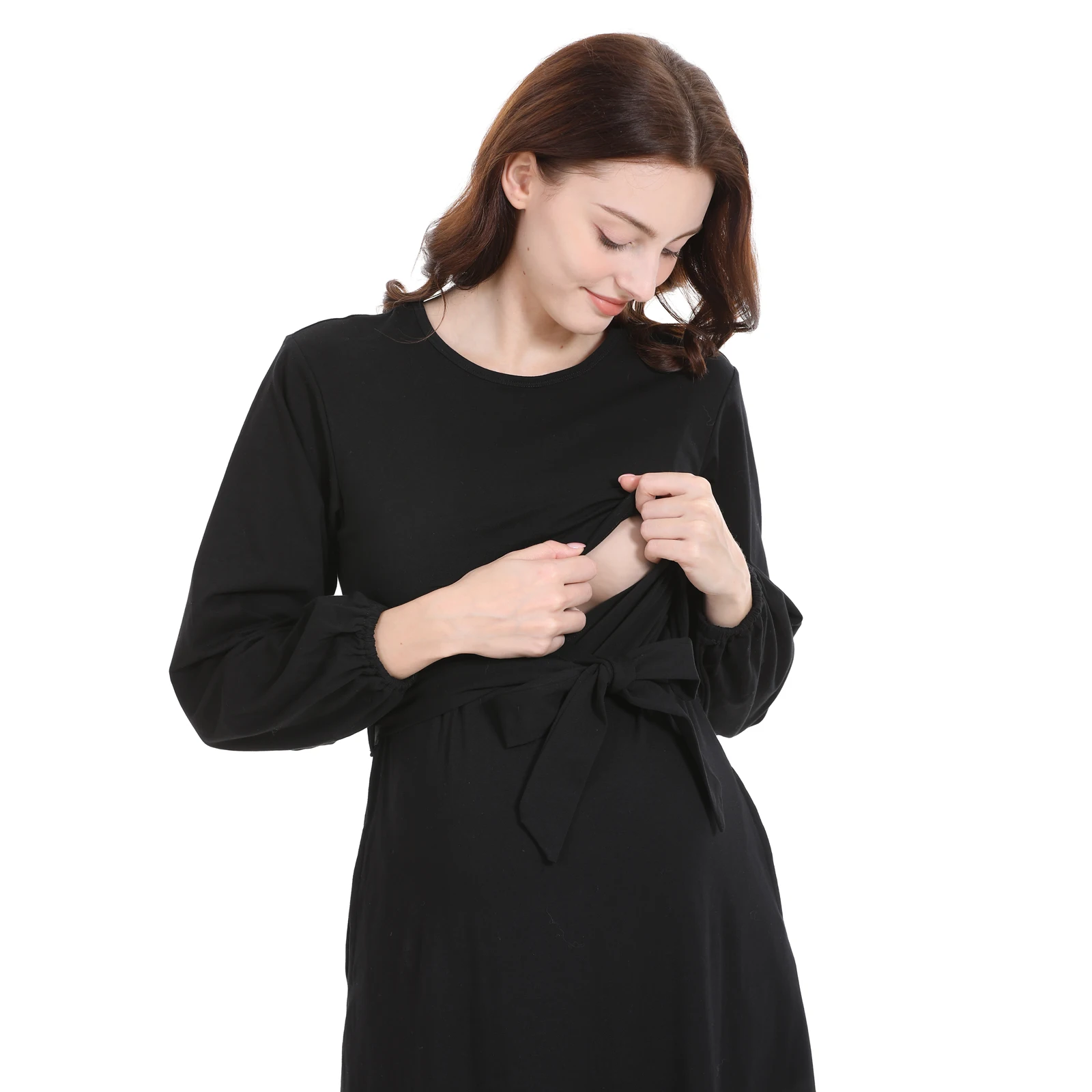Vestido de lactancia largo plisado liso para primavera y otoño - imagen 2