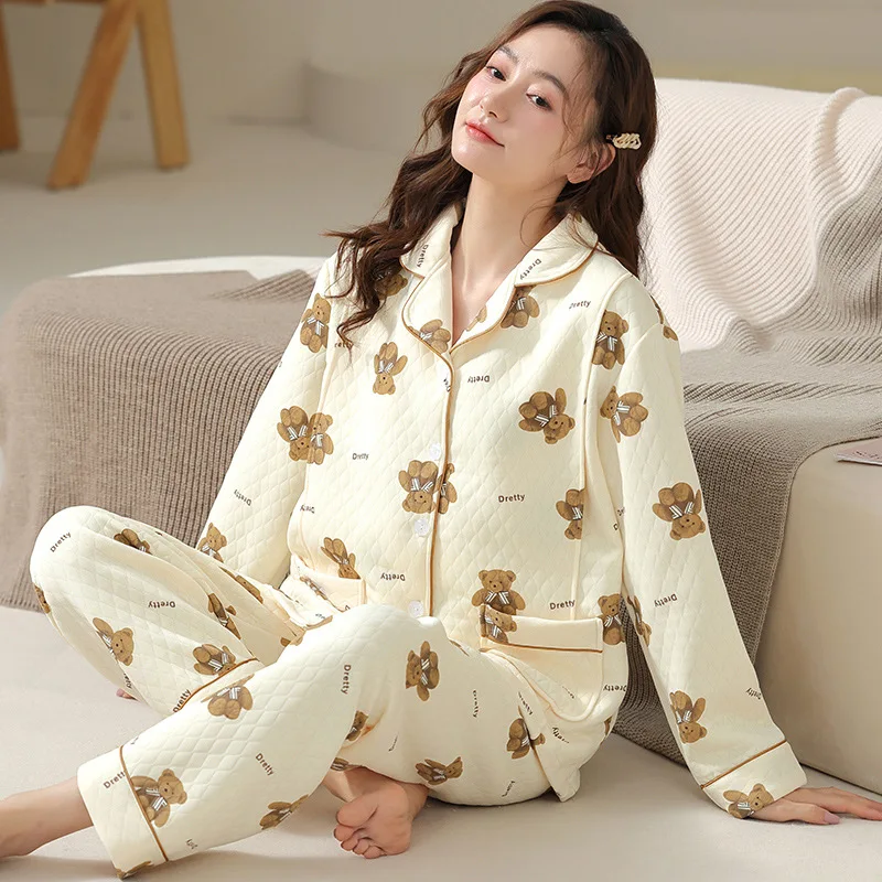 Pijama de lactancia invernal cálido de algodón grueso para mujer - imagen 3