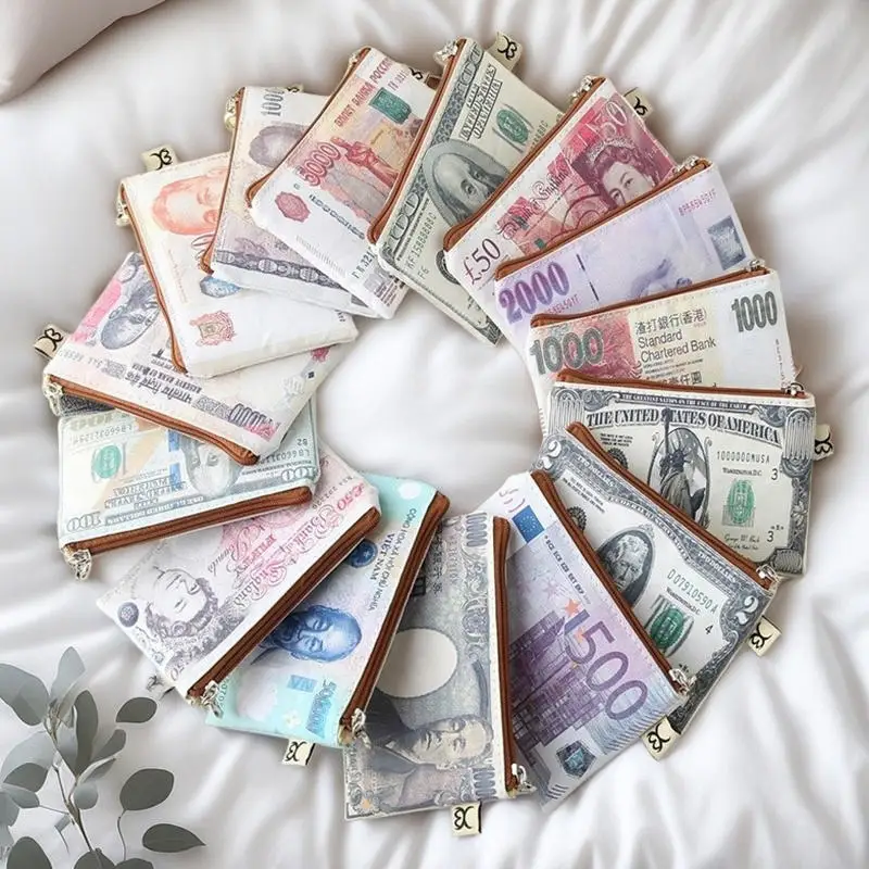 Cartera larga de lona con estampado de monedas y cremallera