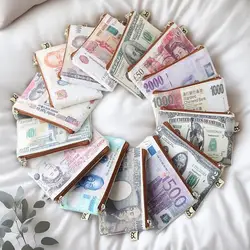 Cartera larga de lona con estampado de monedas y cremallera