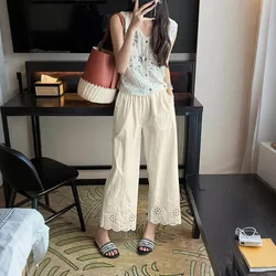 Pantalones de maternidad verano pierna recta con bordado y cordón