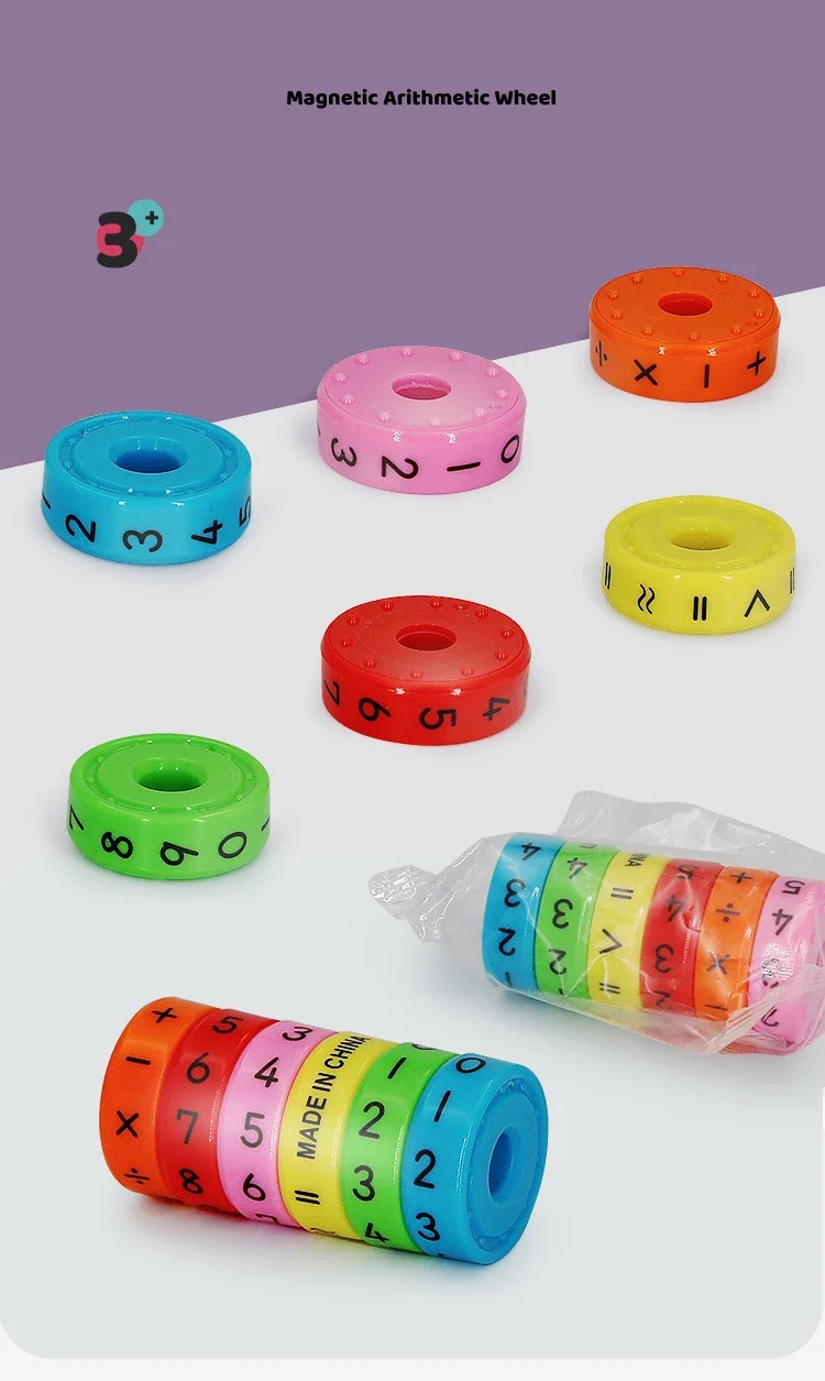 Ábaco infantil de colores con cylinders numerados y anillos multicolores sobre superficie clara