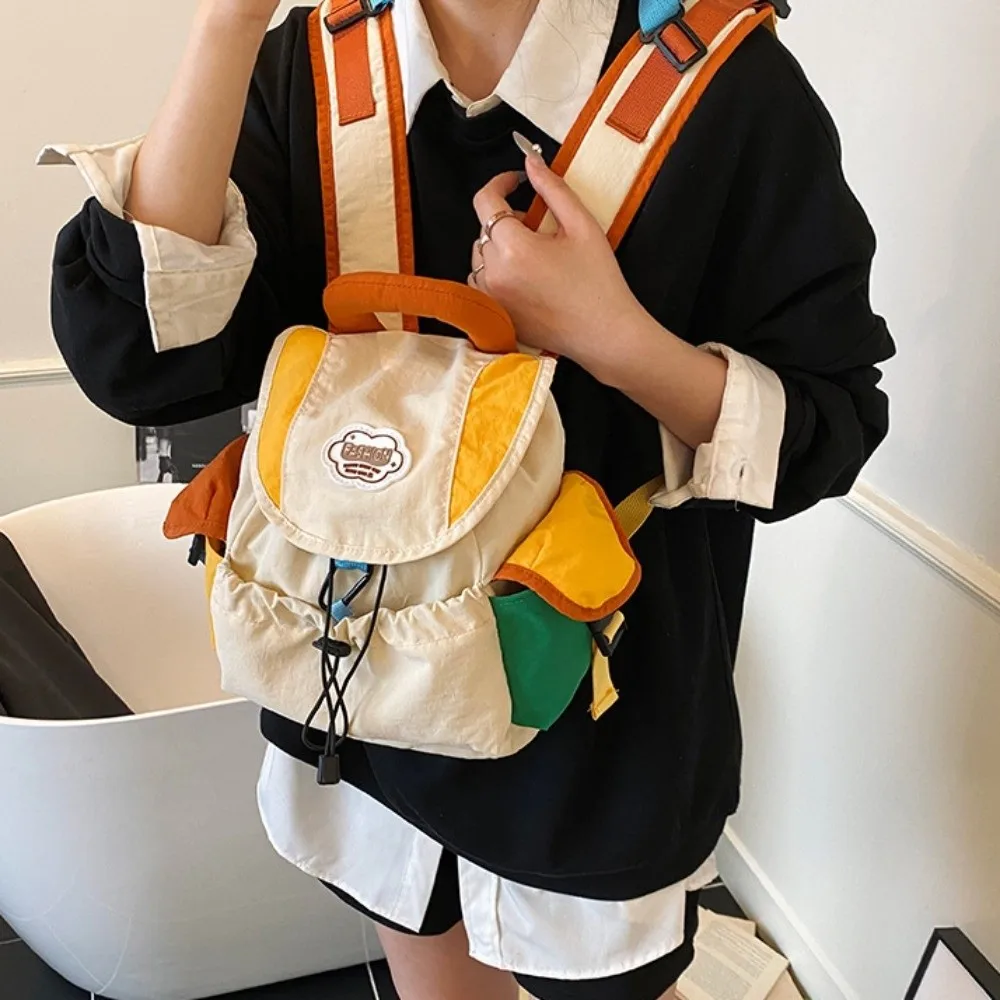 Mochila escolar de nailon con cordón y bolsillos estilo coreano - imagen 3