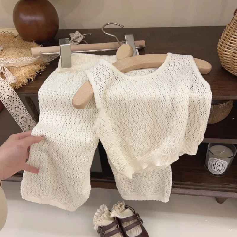 Conjunto de verano para niña de encaje calado con pantalón ancho - imagen 2