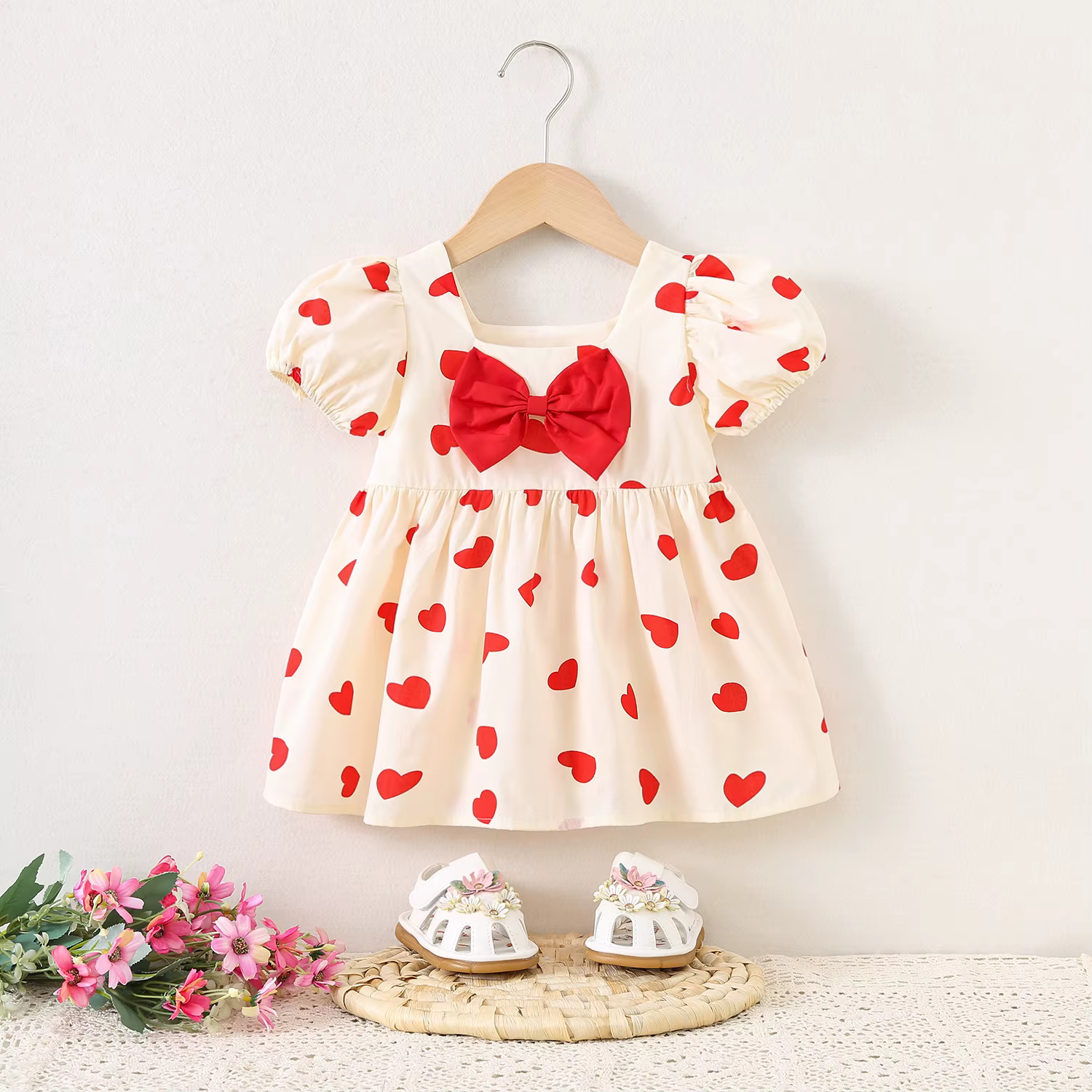 Vestido manga corta niños estilo coreano con cuello cuadrado lazo - imagen 3
