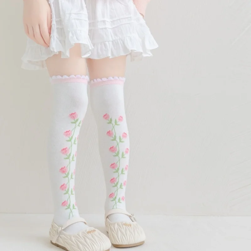 Calcetines largos de algodón para niñas con estampado floral estilo princesa - imagen 2