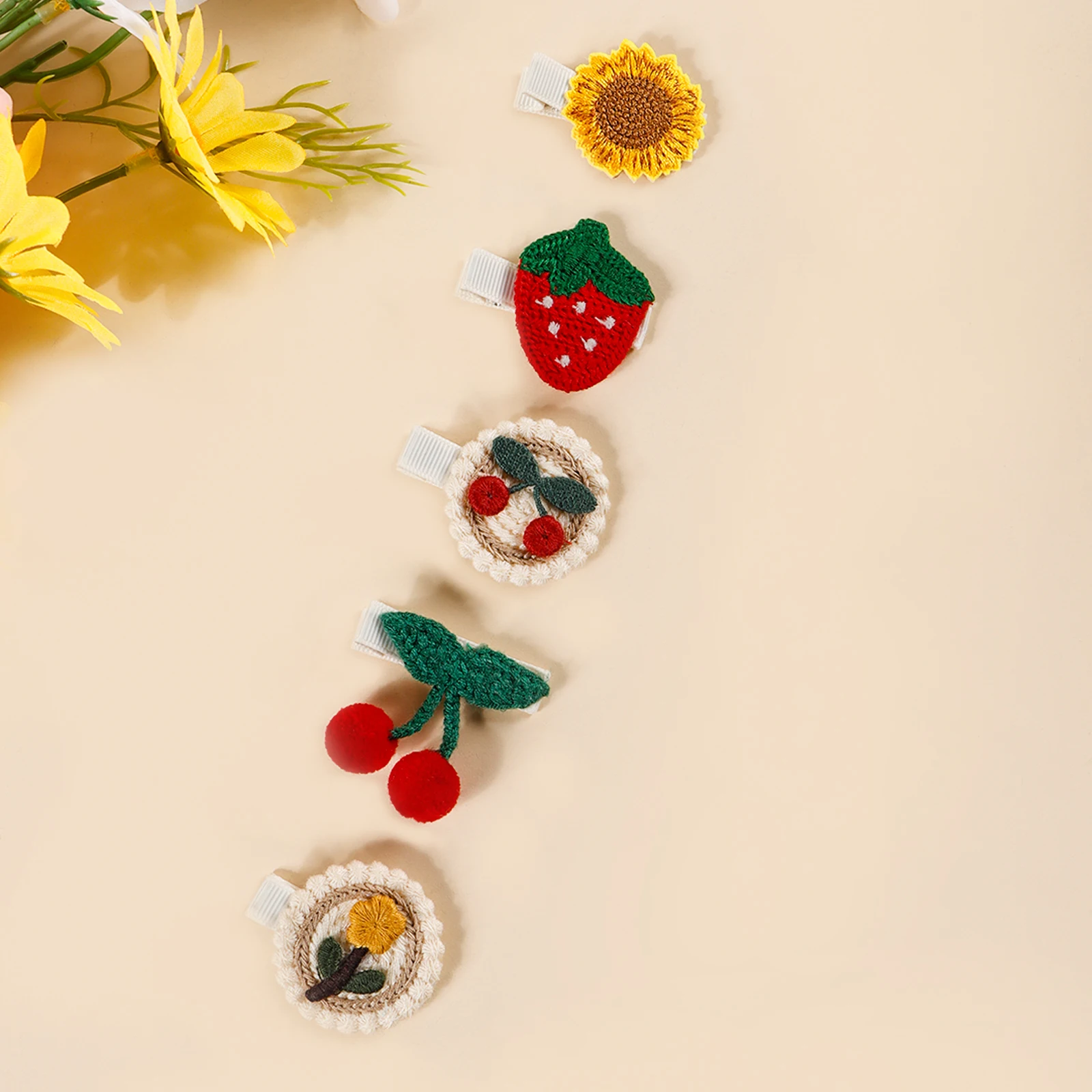 Pinza para el pelo de bebé de tela tejida con flores y frutas - imagen 2