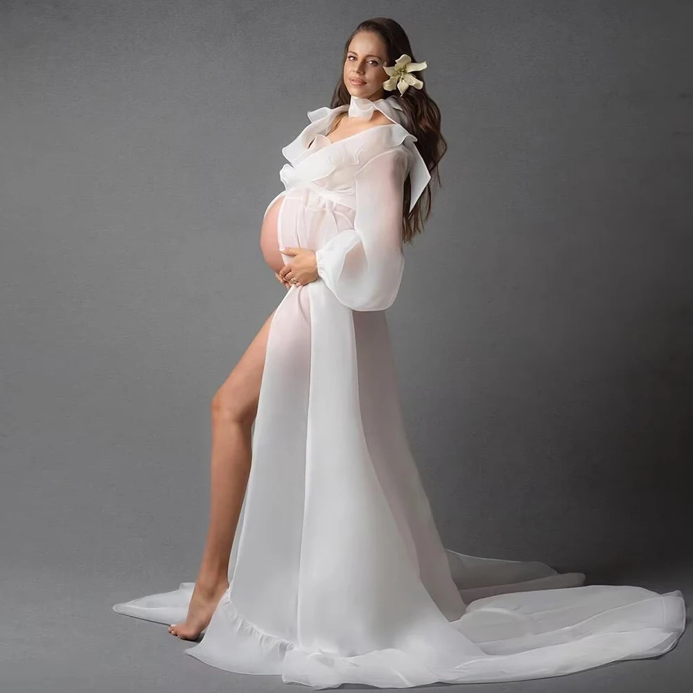 Vestido de gasa largo para embarazo con cuello volantes - imagen 4