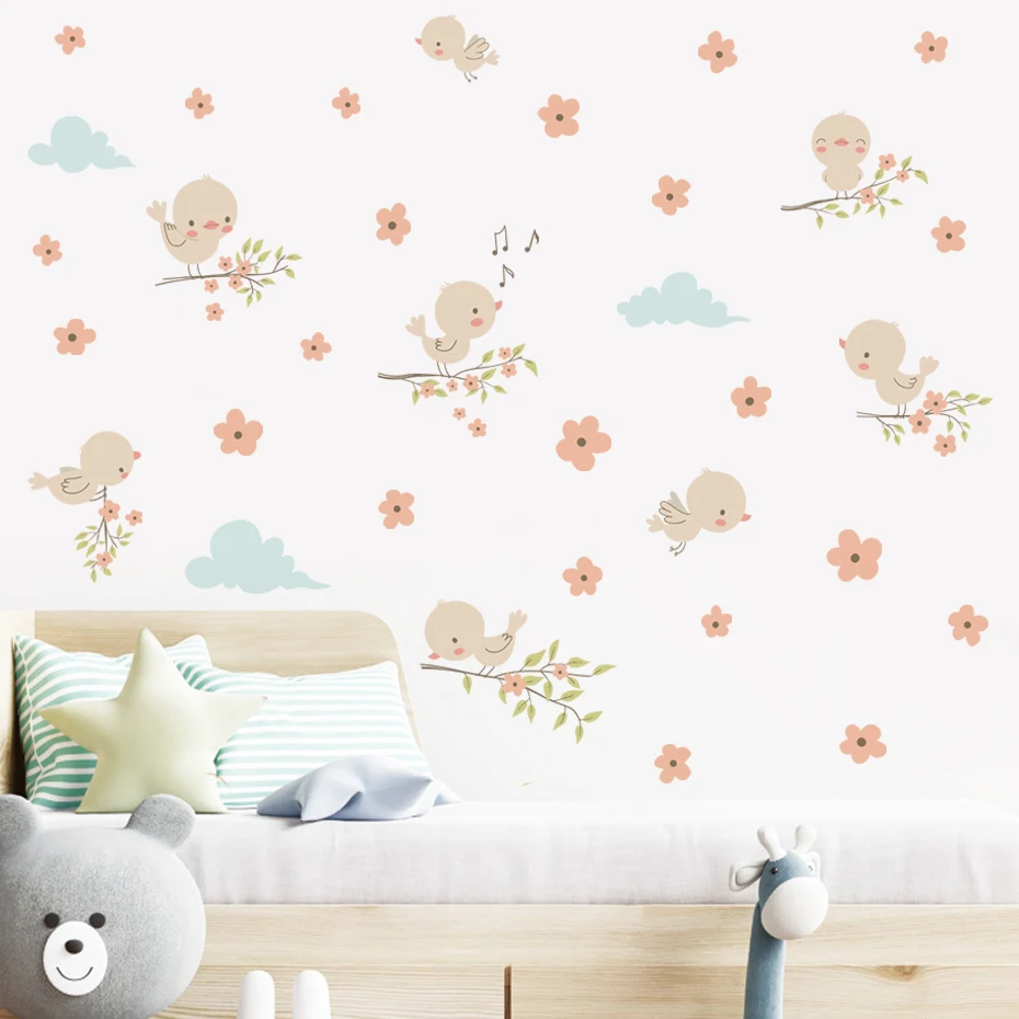 Pegatinas de pared florales con pájaros estilo acuarela infantil - imagen 3
