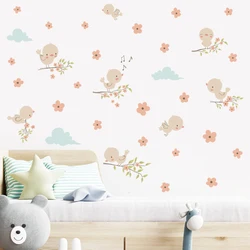 Pegatinas de pared florales con pájaros estilo acuarela infantil