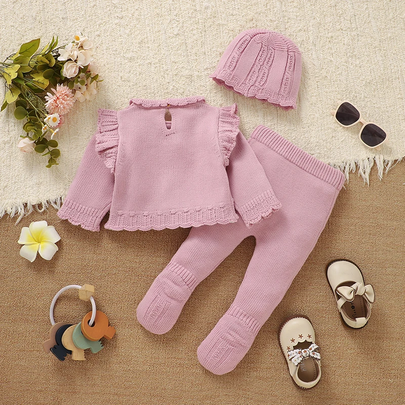 Conjunto de invierno para niña con suéter rosa de manga larga y gorro - imagen 3