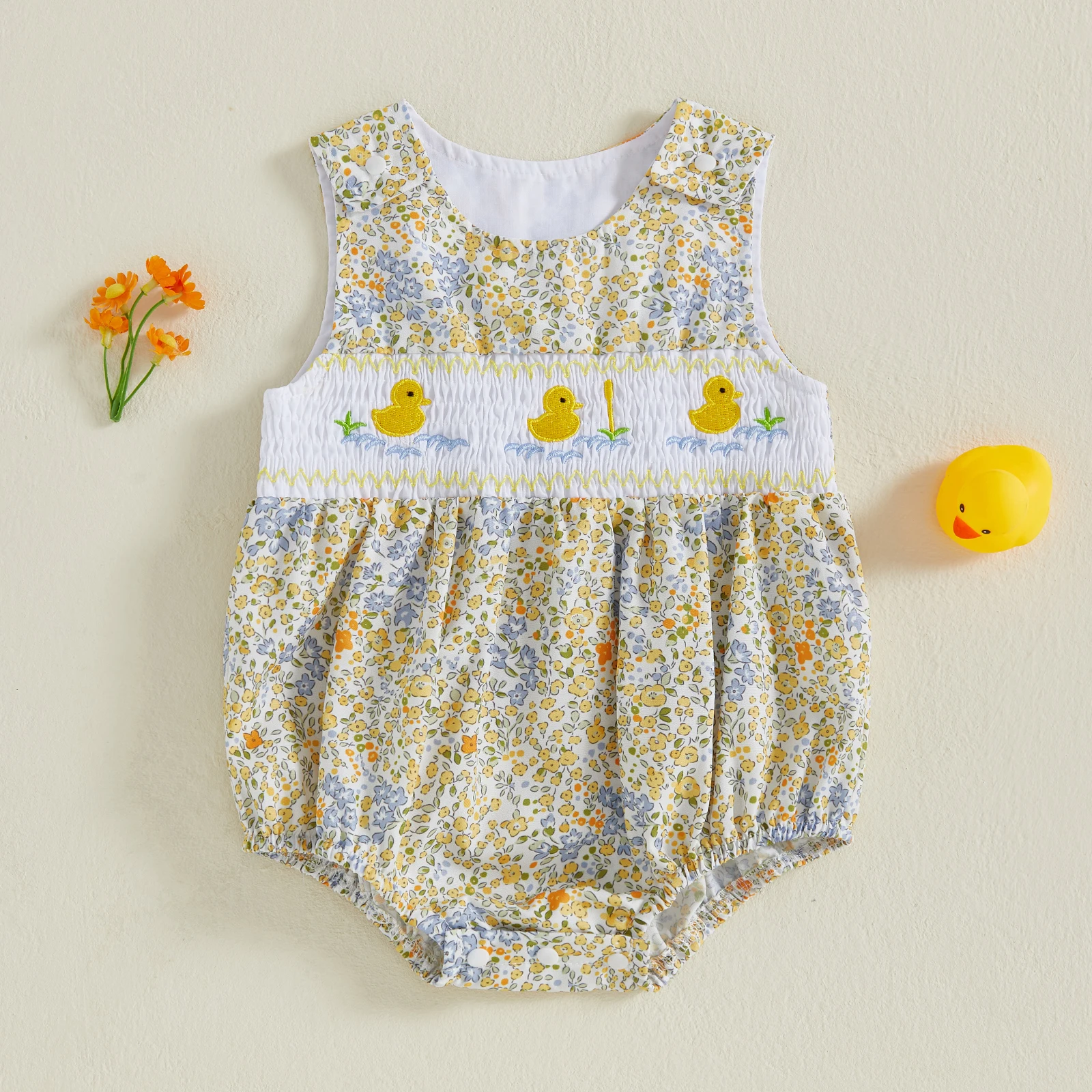 Mono bebé para niña con bordado de pato y tejido floral sin mangas