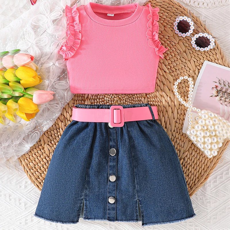 Conjunto de verano para niñas: tops sin mangas y short vaquero