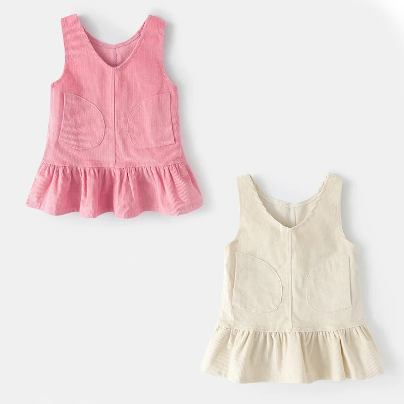 Milangel Vestido plisado de pana con cuello en V para niñas - imagen 2