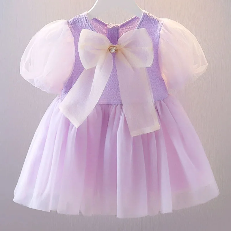Vestido de malla para recién nacida con lazo bonito y manga corta - imagen 2