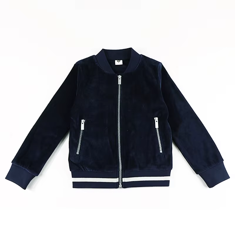 Sudadera de terciopelo azul con cremallera y bolsillos escolares