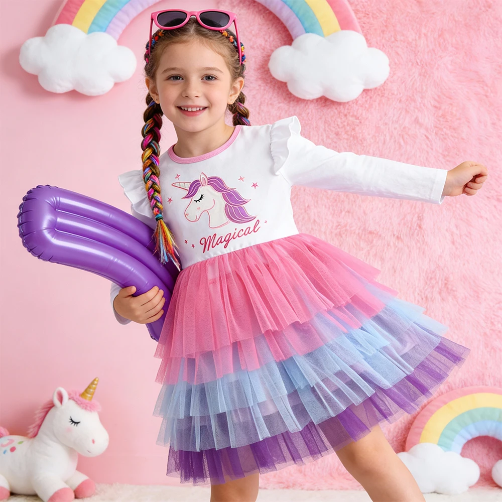 DXTON Vestido princesa unicornio algodón capas - imagen 4