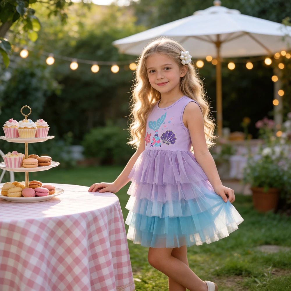 DXTON vestido sirena de princesa para niñas, malla sin mangas - imagen 4