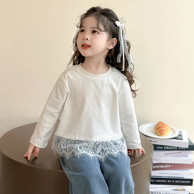 Blusa de manga larga de algodón con encaje para niñas de otoño
