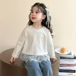 Blusa de manga larga de algodón con encaje para niñas de otoño