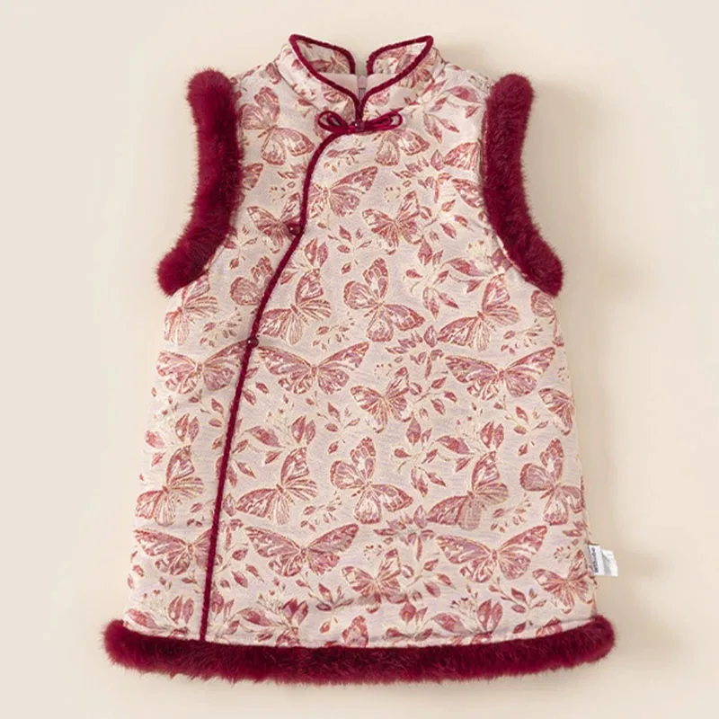 Vestido de invierno para niña sin mangas con bordado mariposa roja - imagen 3