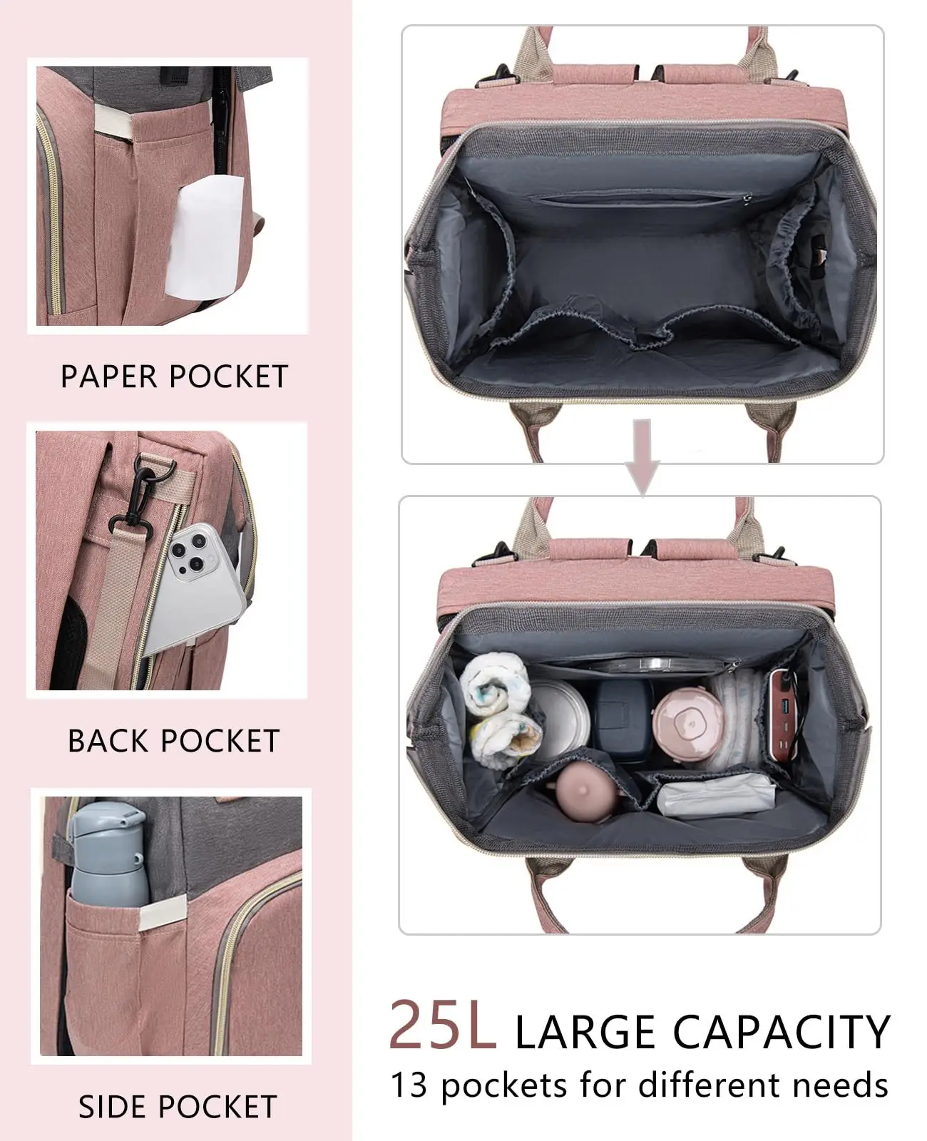 Mochila pañales con cambiador impermeable y organizador multibolsillos - imagen 4