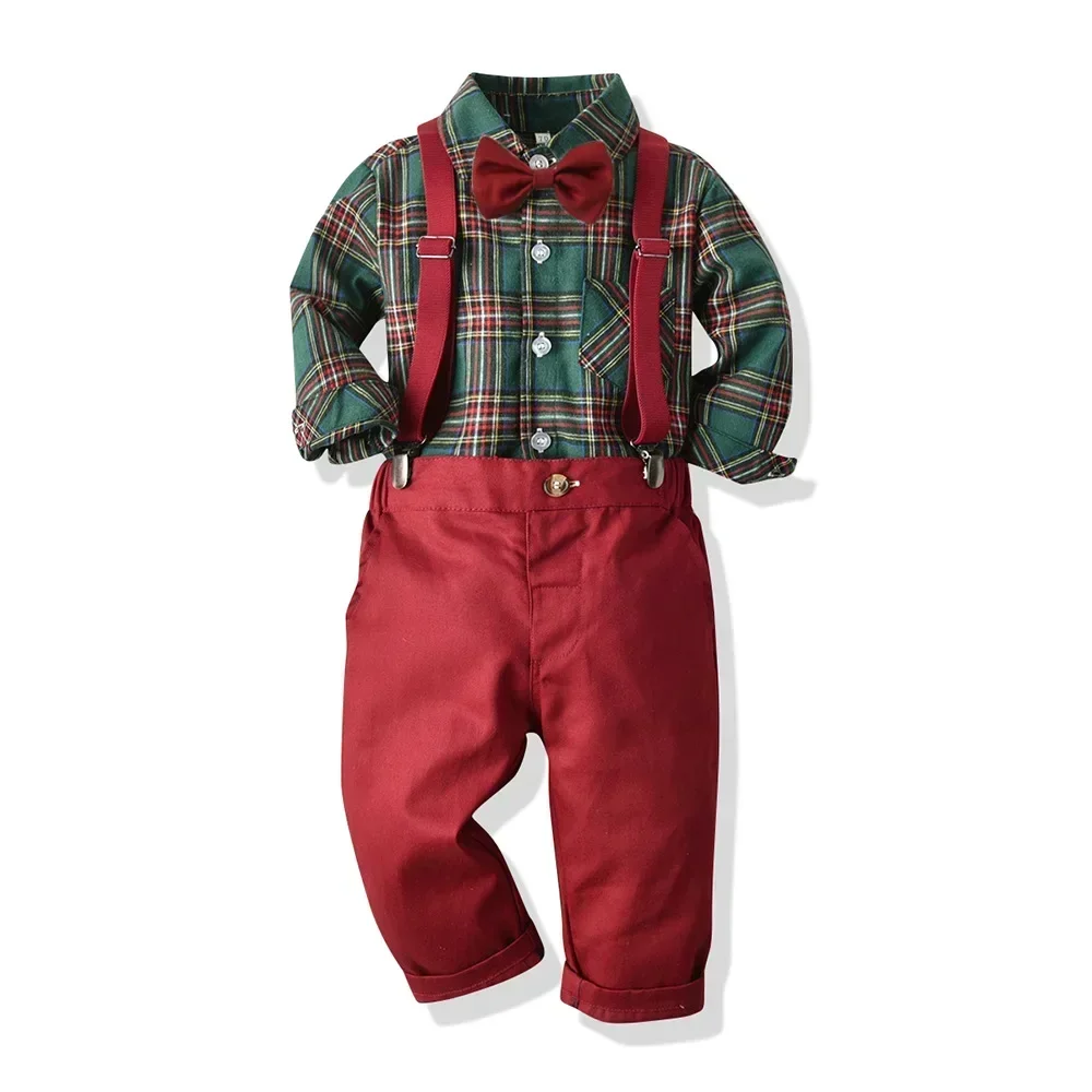 Traje de algodón para niño – camisa y pantalón con tirantes