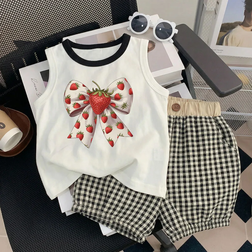 Conjunto de verano sin mangas para niña floral y cuadros - imagen 2