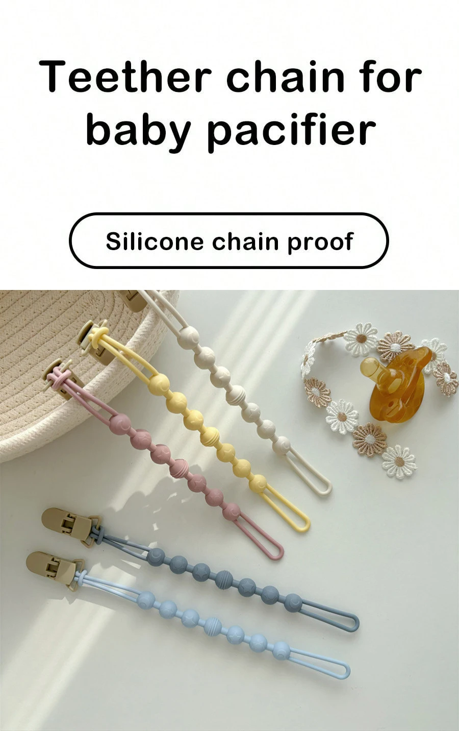 Clips para chupete de bebé con cadena de silicona