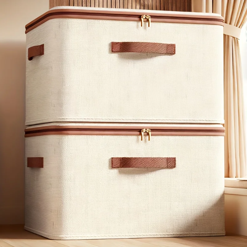 Caja de almacenamiento plegable de lino con doble cremallera - imagen 3