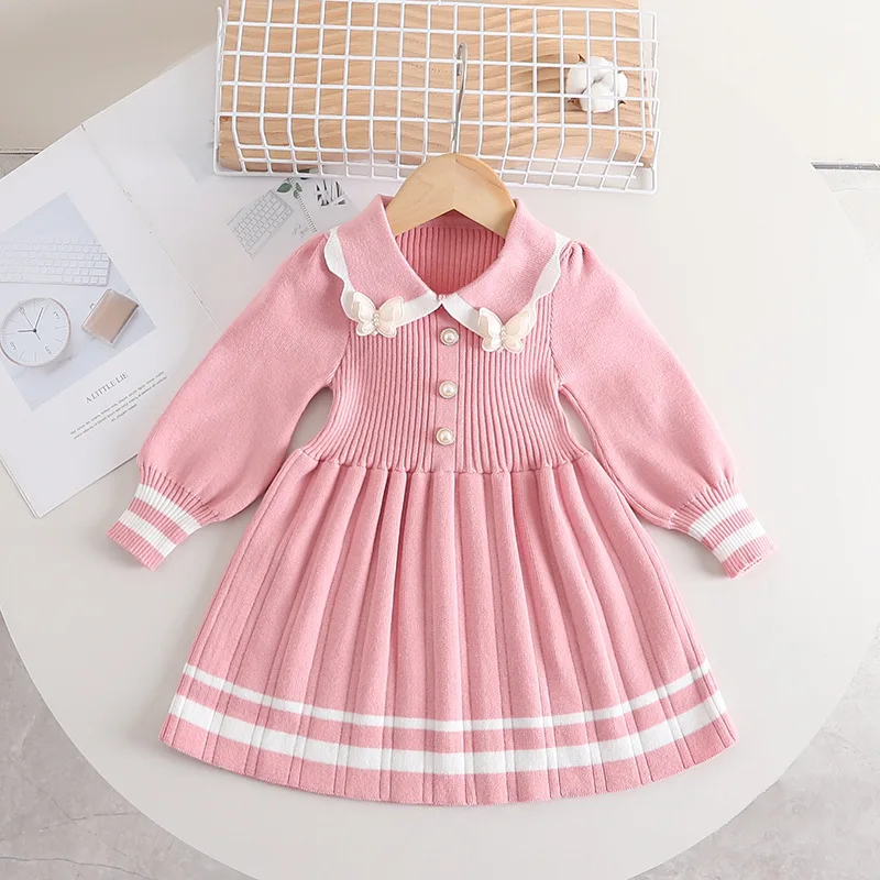 Vestido de punto para niña a rayas con lazo y perlas - imagen 2