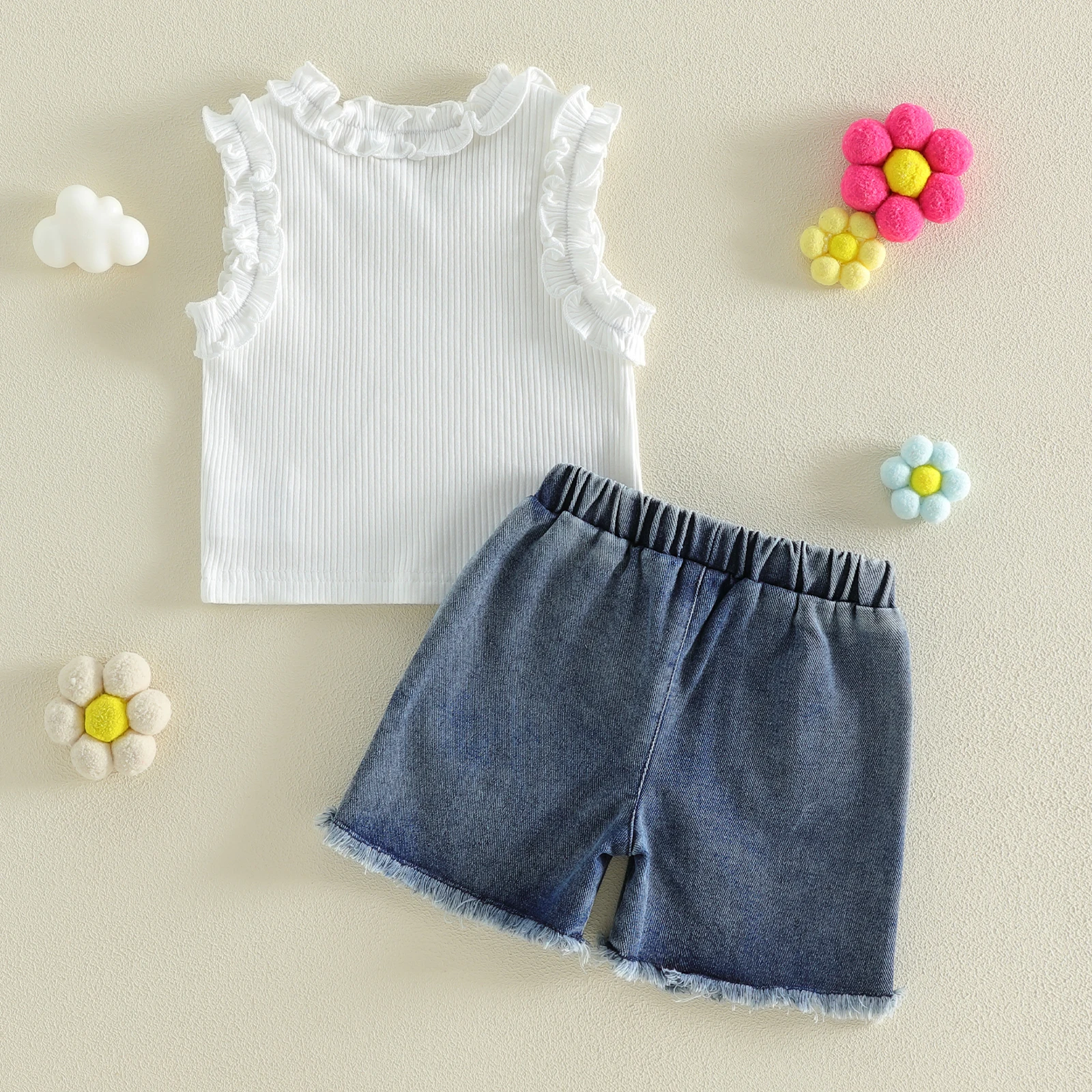 Conjunto de verano niña con volantes sin mangas y cortos vaqueros bordados - imagen 3