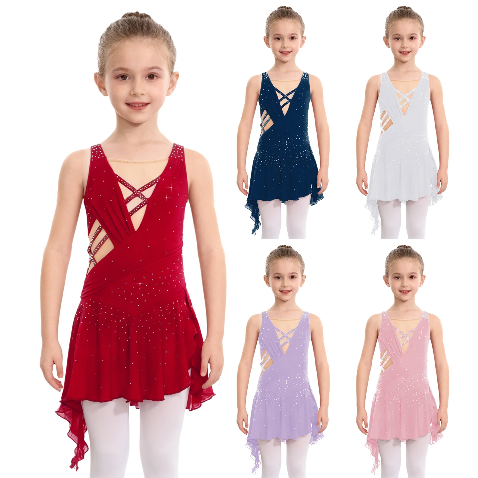 Vestido de ballet para niñas con leotardo de malla y pedrería - imagen 2