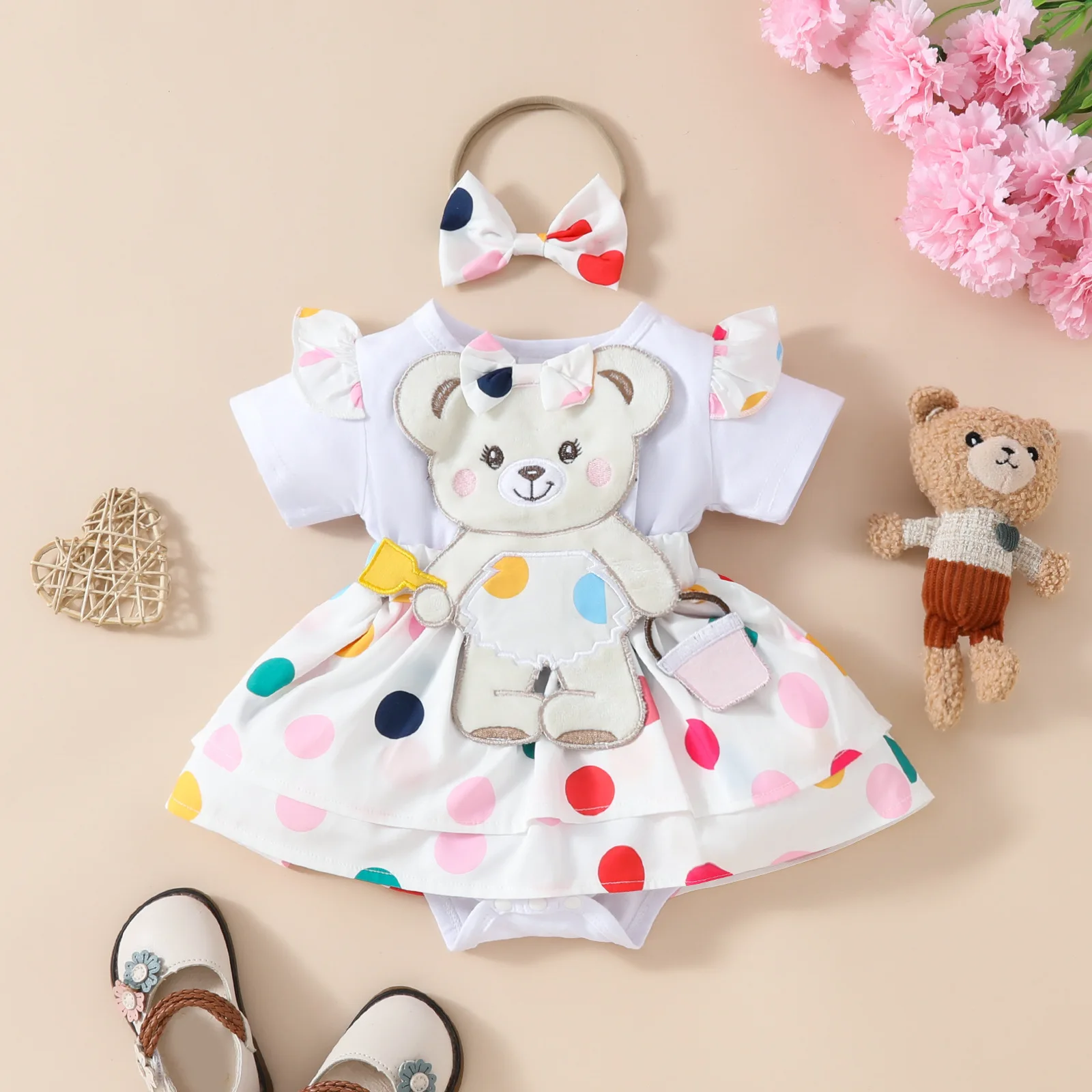 Falda de tirantes bordada con osito para bebé – vestido manga corta - imagen 4