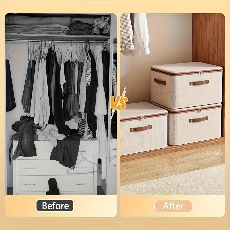 Caja de almacenamiento plegable de lino con doble cremallera - imagen 5
