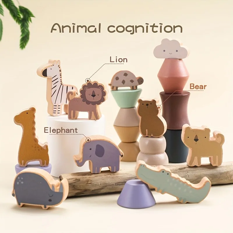 Juguete de apilar de madera con animales y equilibrio educativo - imagen 2