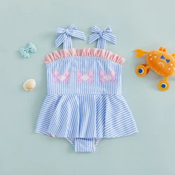 Bañador a rayas para niña con lazo y volantes, sin mangas
