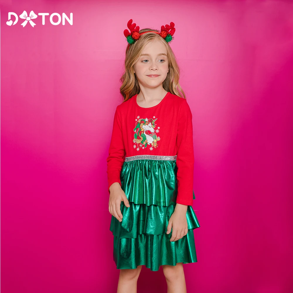 Vestido de Navidad infantil DXTON unicornio patchwork verde invierno - imagen 4