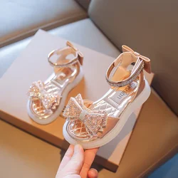 Sandalias planas antideslizantes con lazo brillante para niñas