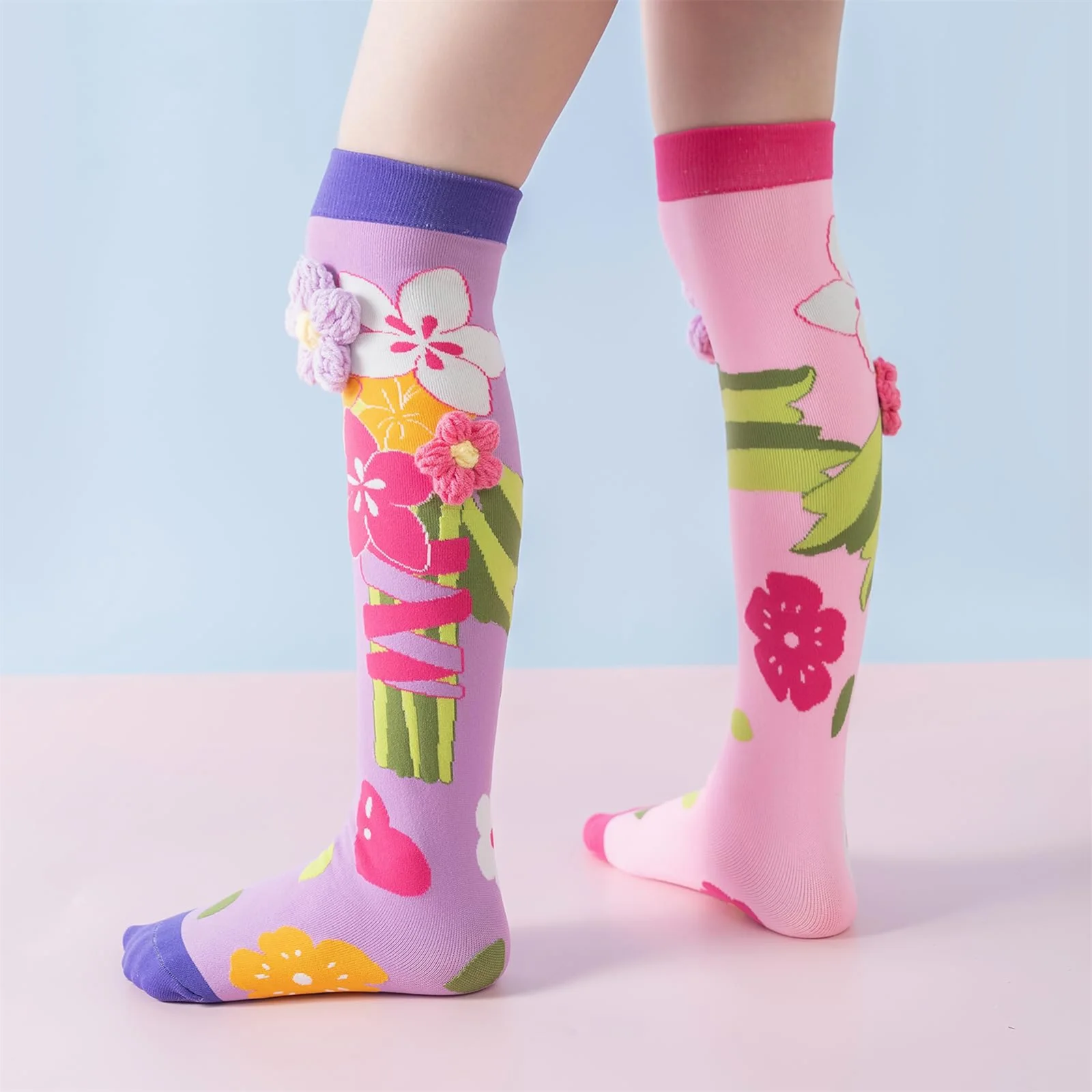 Calcetines altos hasta la rodilla para niña con flores y animales - imagen 5