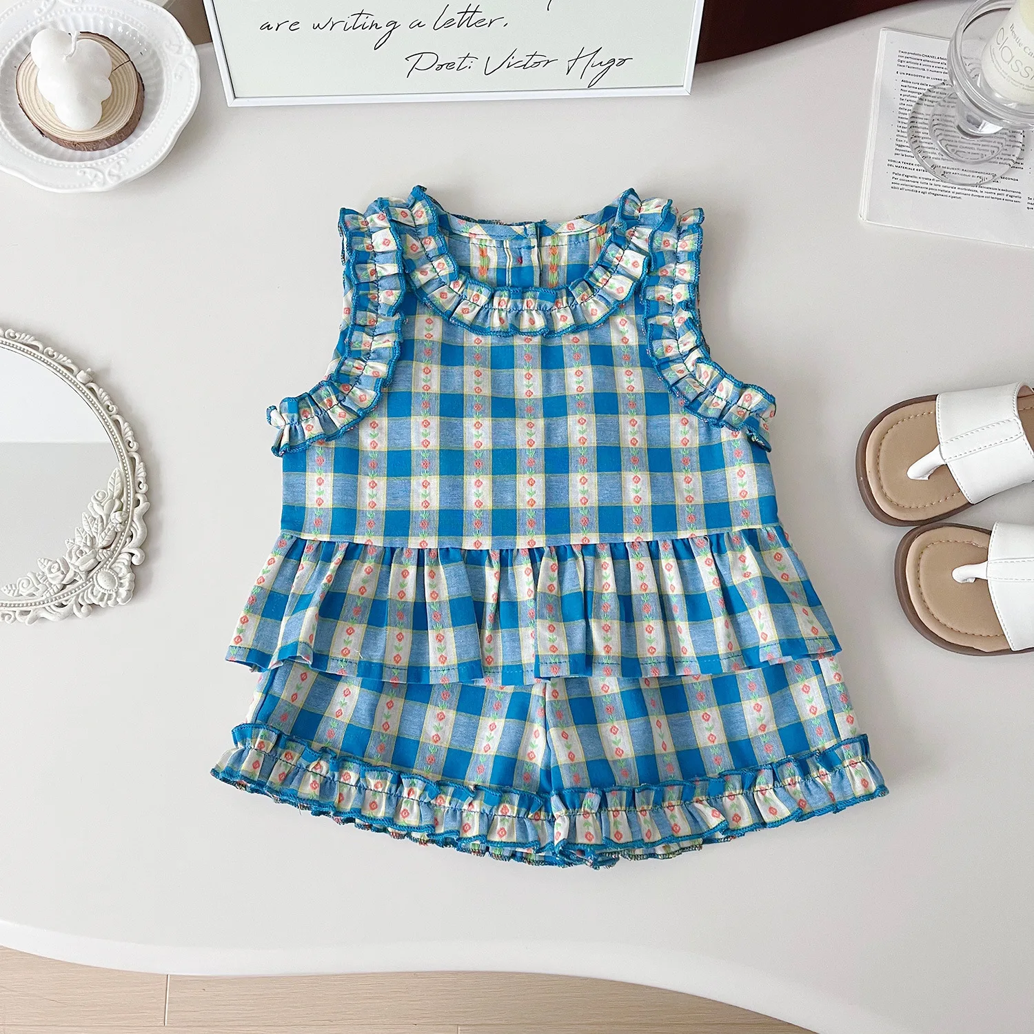 Conjunto verano infantil a cuadros – Tops y shorts azules - imagen 5